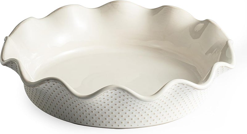 MIKIGEY Ceramic Deep Pie Pan for Baking, 11 inch Porcelain Pie Dish for Apple Pie, Oven & Dishwasher Safe, 48 Ounce Deep Plate for Kitchen, Non-Stick Pie Pans,Off-White, Embossed Dots - Image 1